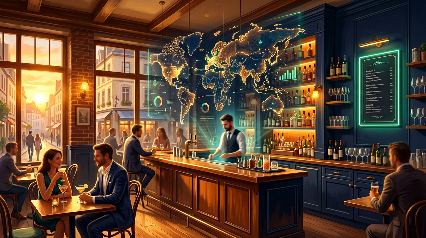 Ilustração: ambiente de bar e restaurante com presença digital no WeGo