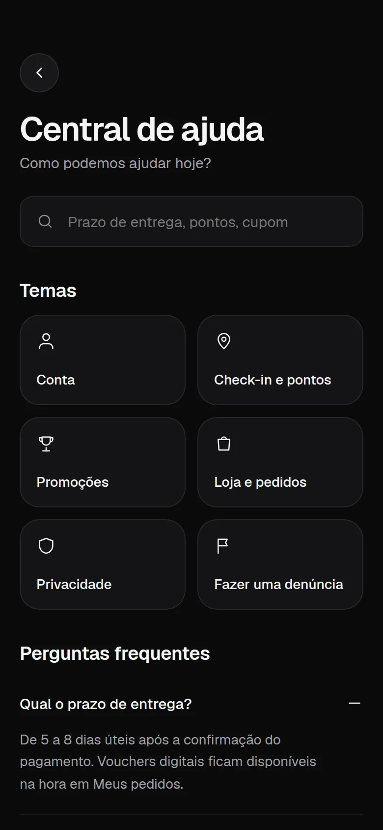 Tela do app WeGo: central de ajuda
