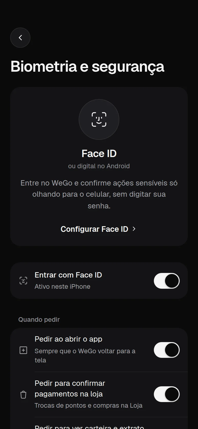 Tela do app WeGo: Face ID e digital