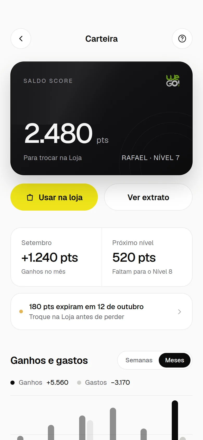 Tela do app WeGo: Carteira no tema claro
