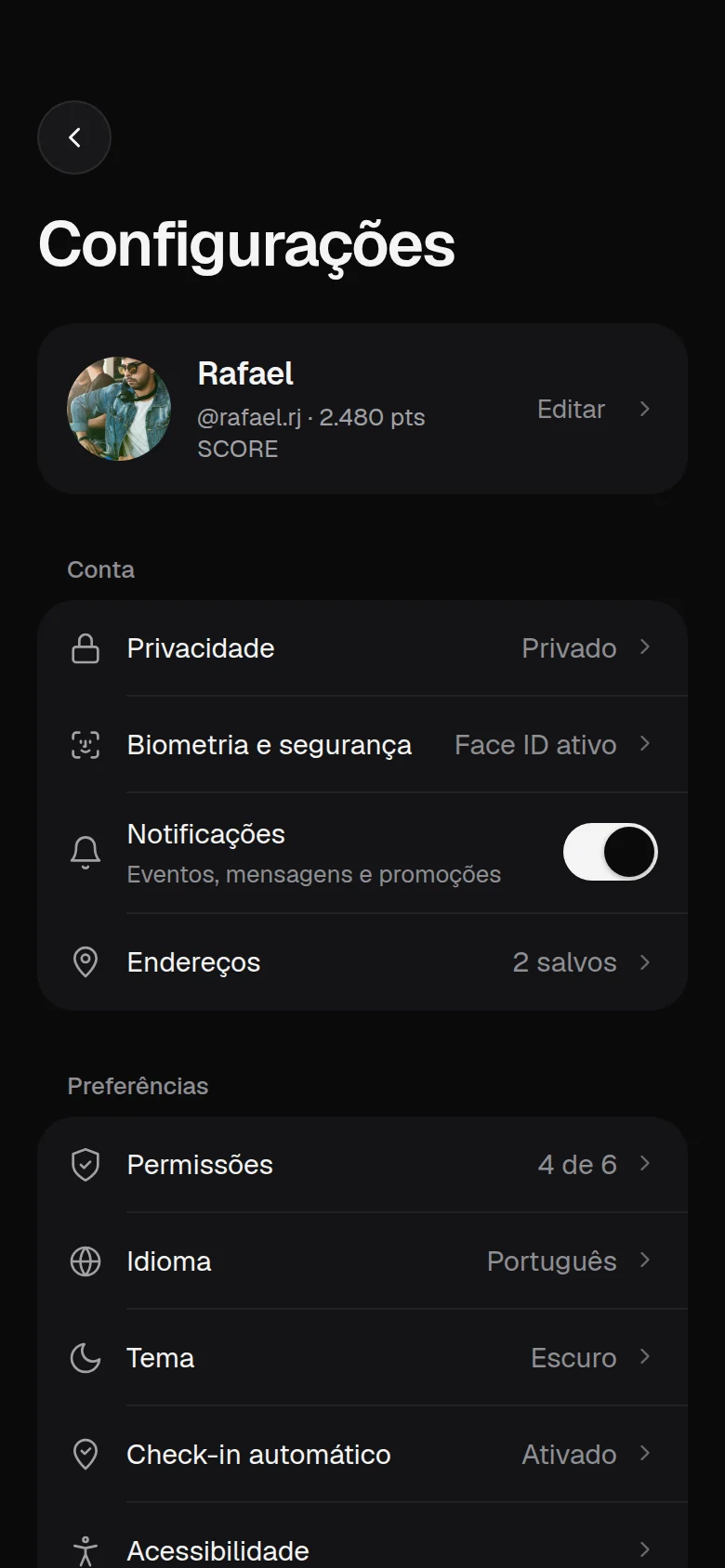 Tela do app WeGo: Configurações