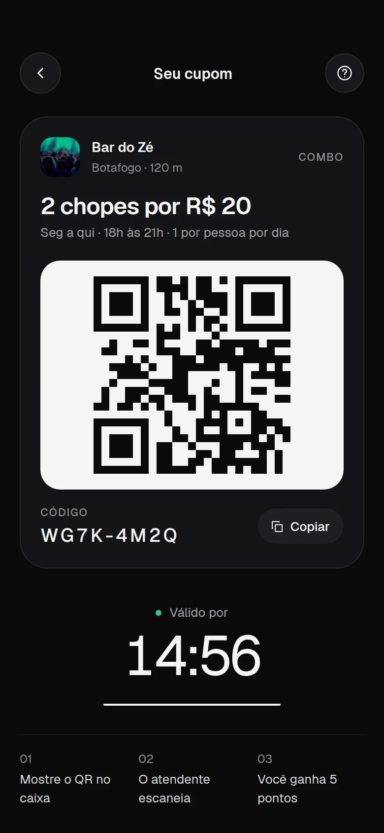 Tela do app WeGo: Cupom com QR
