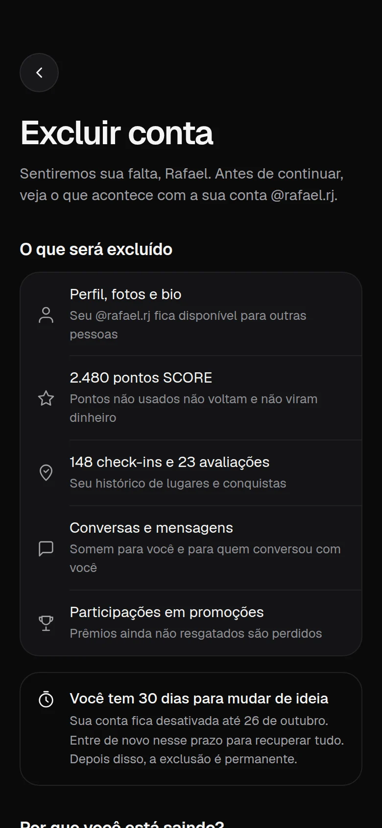 Tela do app WeGo: excluir conta
