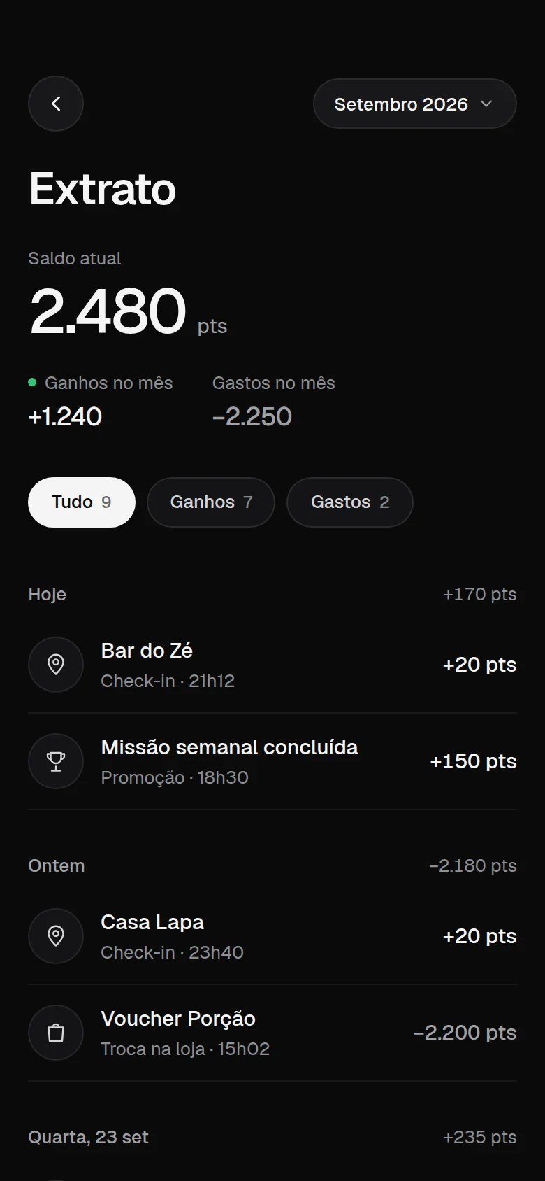 Tela do app WeGo: Extrato de pontos