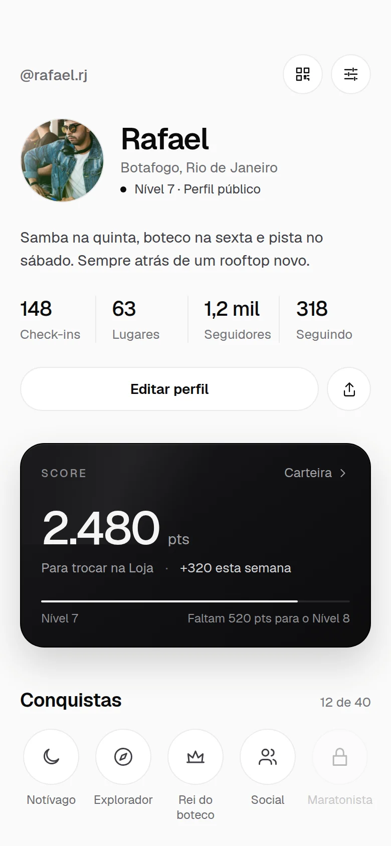 Tela do app WeGo: Perfil no tema claro