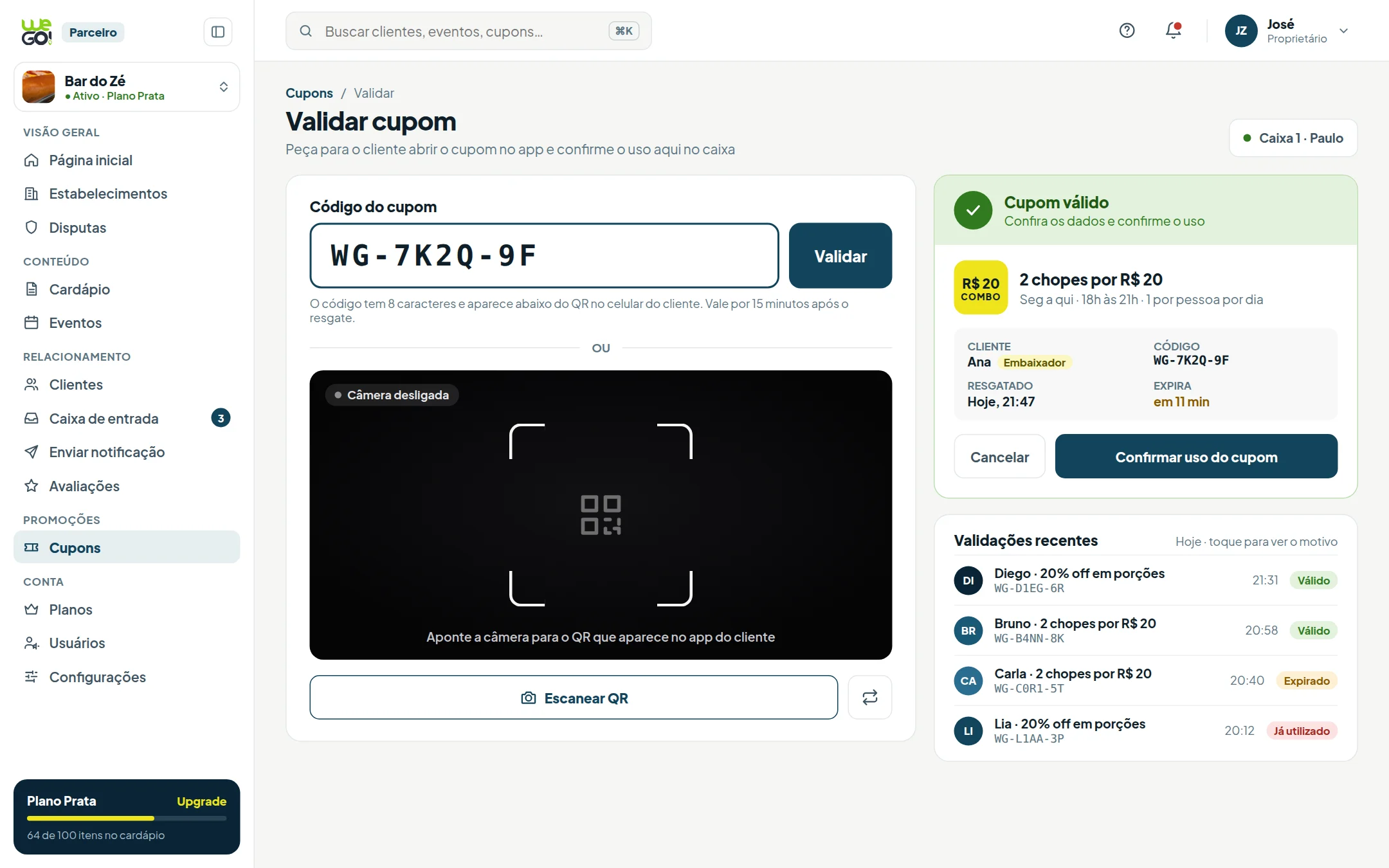Tela do painel do parceiro WeGo: Cupons