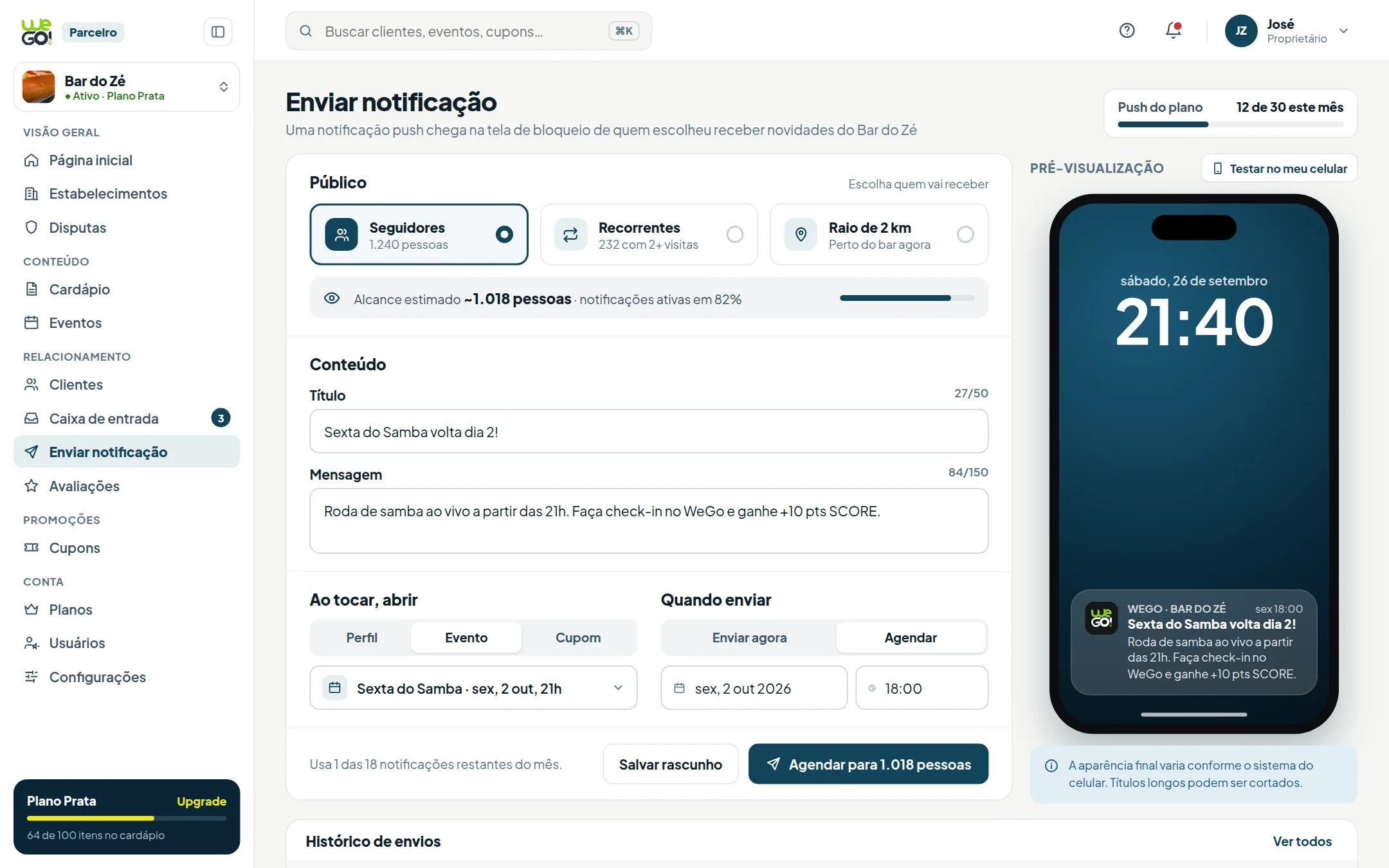 Tela do painel do parceiro WeGo: Notificações push