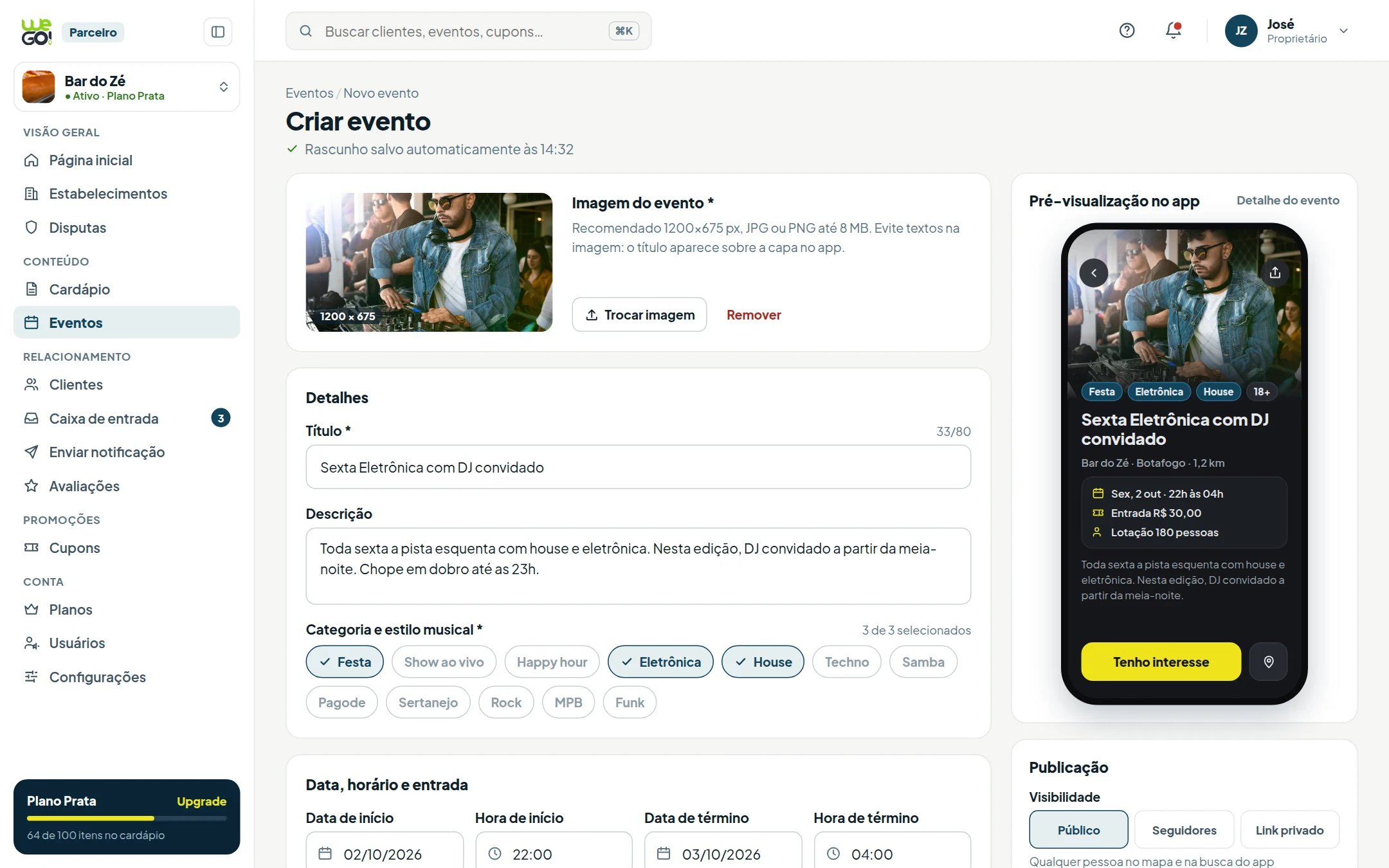 Tela do painel do parceiro WeGo: Criar evento