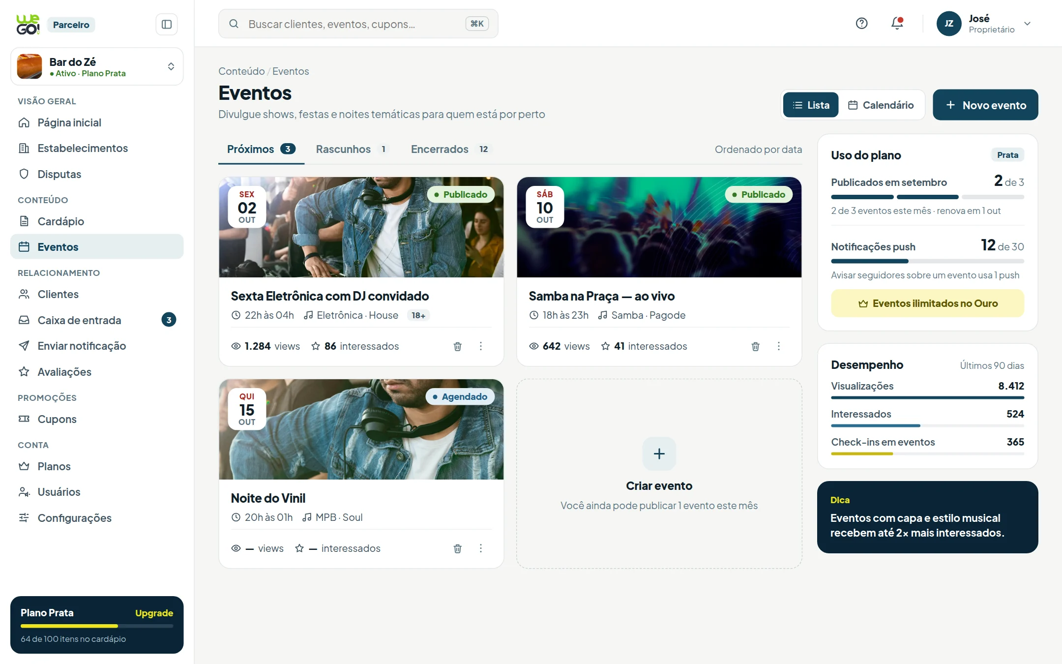 Tela do painel do parceiro WeGo: Eventos