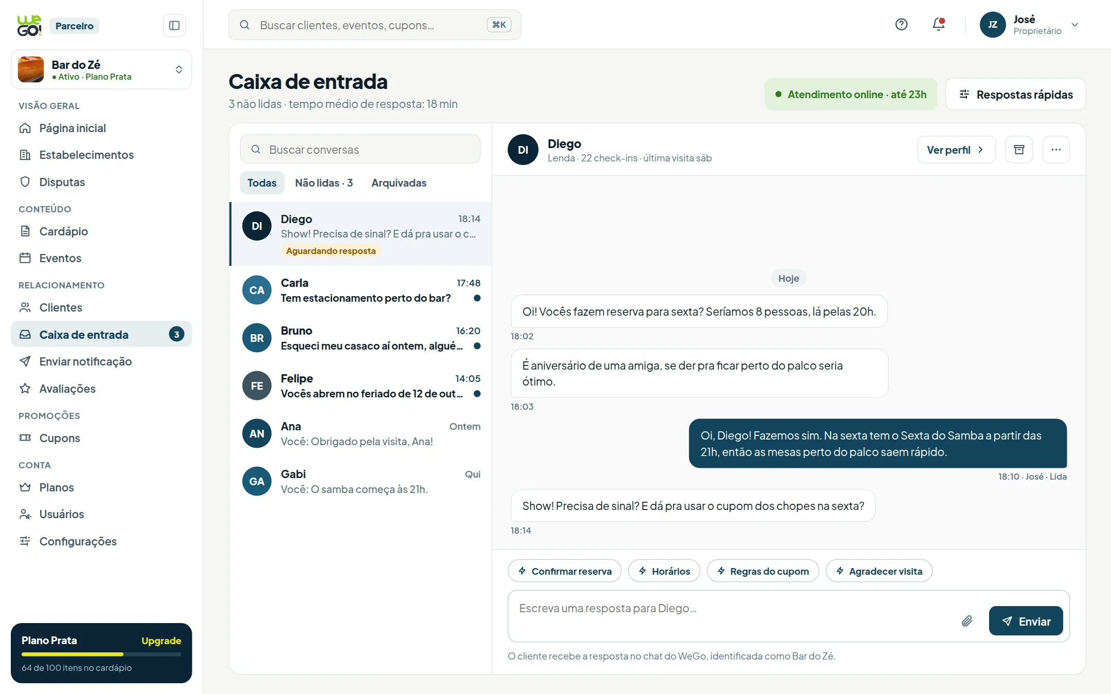 Tela do painel do parceiro WeGo: Caixa de entrada