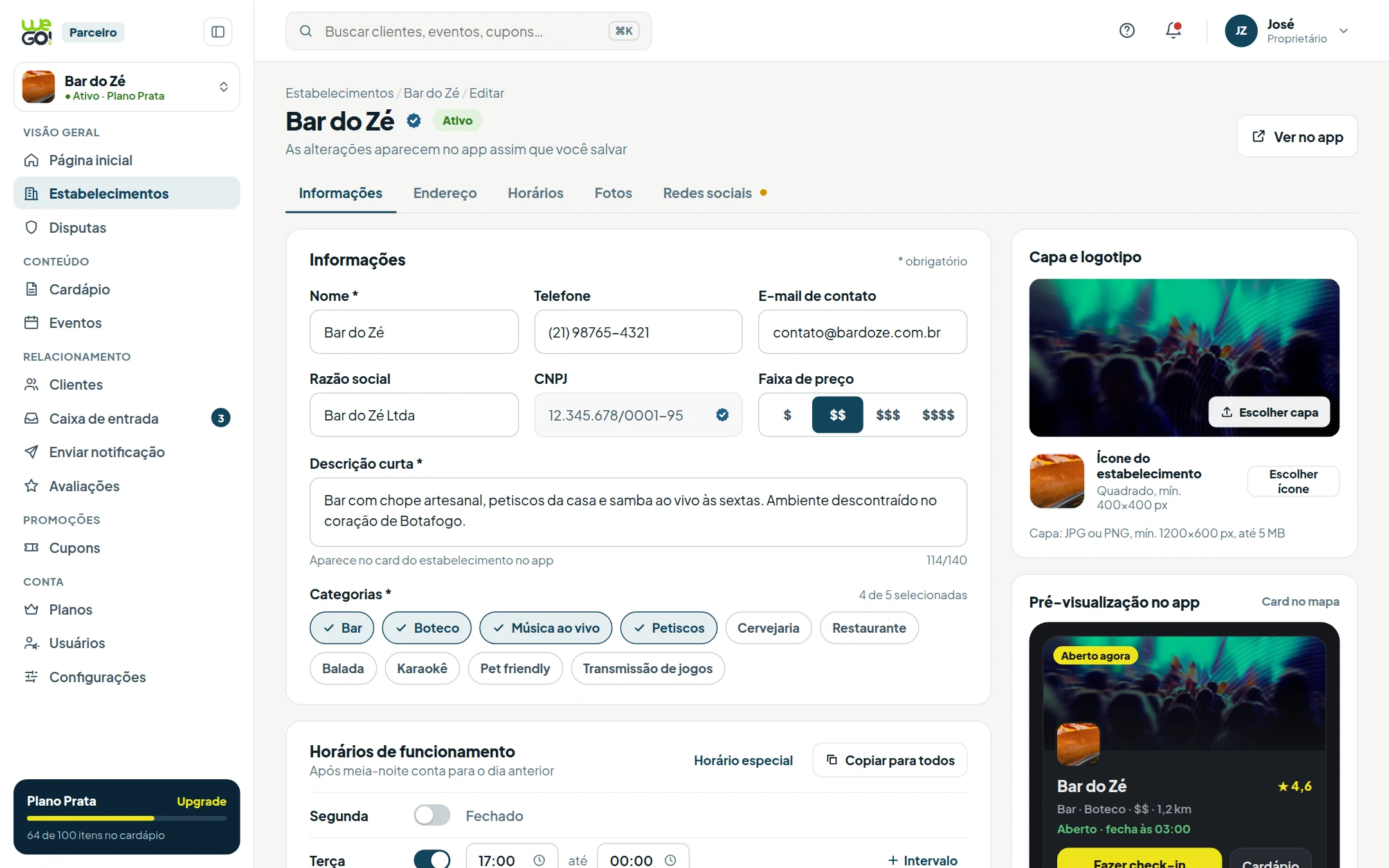 Tela do painel do parceiro WeGo: Perfil do local