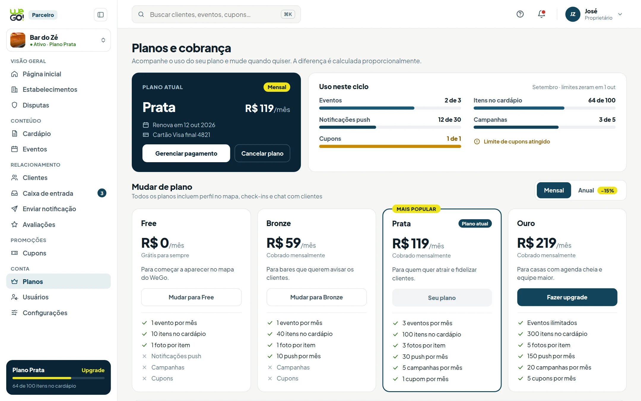 Tela do painel do parceiro WeGo: Planos e cobrança